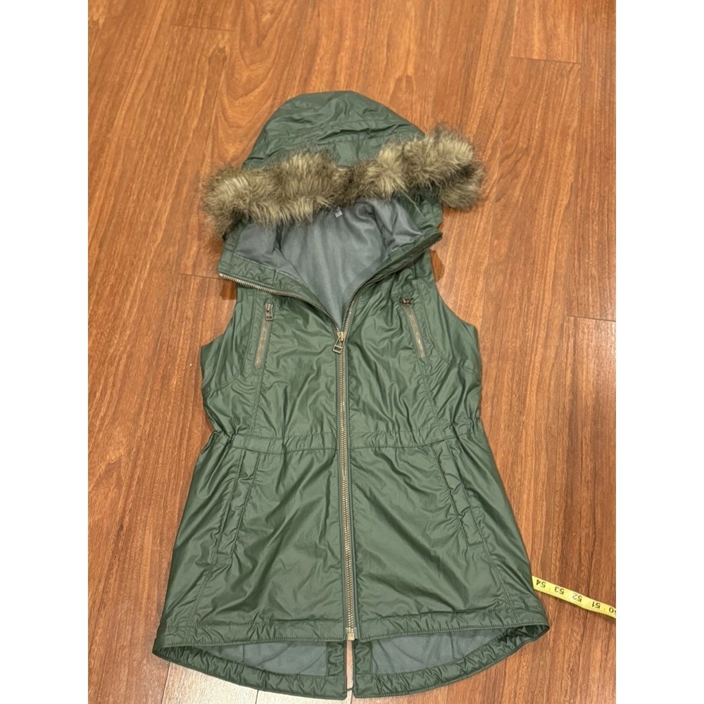 Athleta Womens Green Puffy Vest Faux Fur Hood Puffer Jacket XS